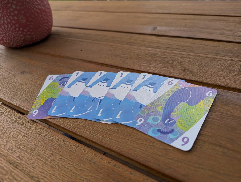 A potential hand in Nanatoridori, laid out on the table. Its contents are 2 6s (peacocks) sandwiching a set of 4 1s (owls)