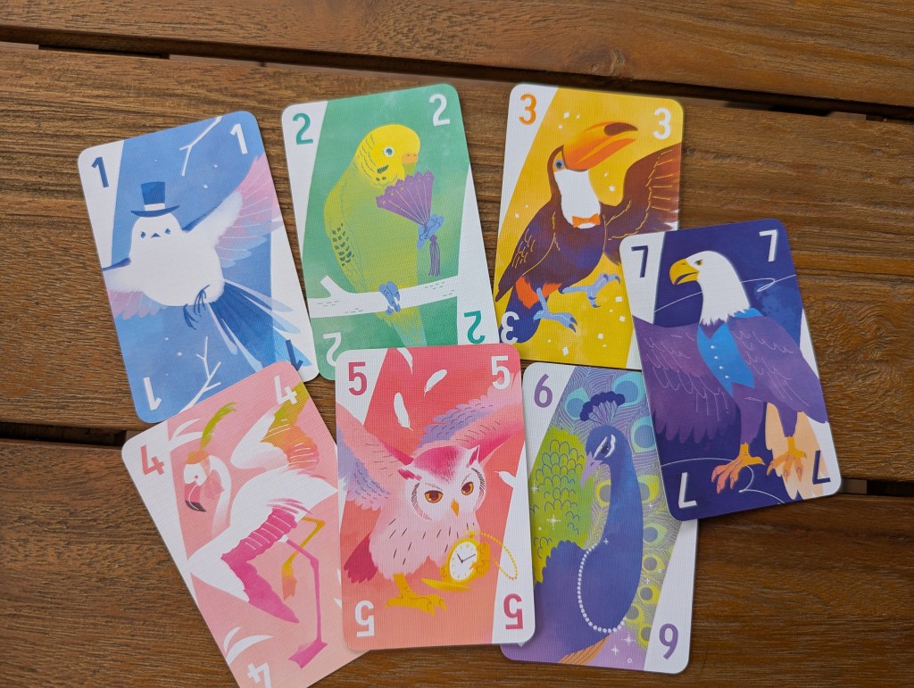 One of each of the cards of Nanatoridori laid out on a table. 