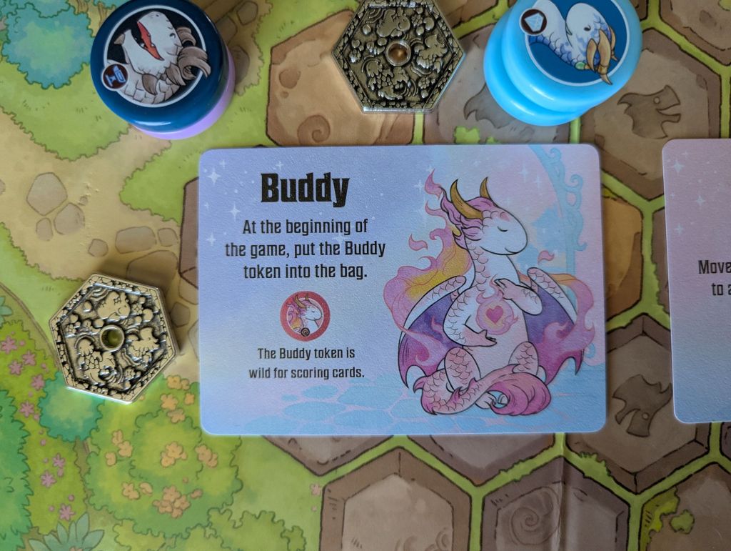 the buddy fancy dragon card, which reads: "At the beginning of the game, put the Buddy token into the bag. The Buddy token is wild for scoring cards."