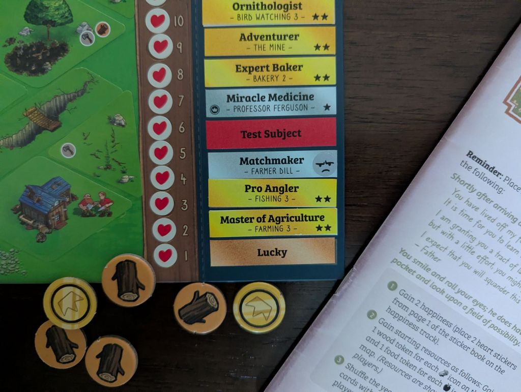 a collection of our various achievement stickers, including: Ornithologist, Adventurer, Expert Baker, Miracle Medicine, Test Subject, Matchmaker, Pro Angler, Master of Agriculture, and Lucky.