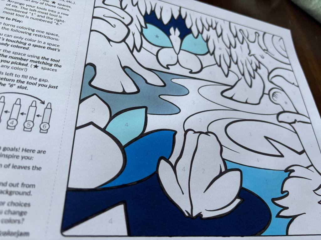 an unfinished coloring page from the game Color Jam. it's a frog and a butterfly in a little swamp, half-colored in various shades of blue
